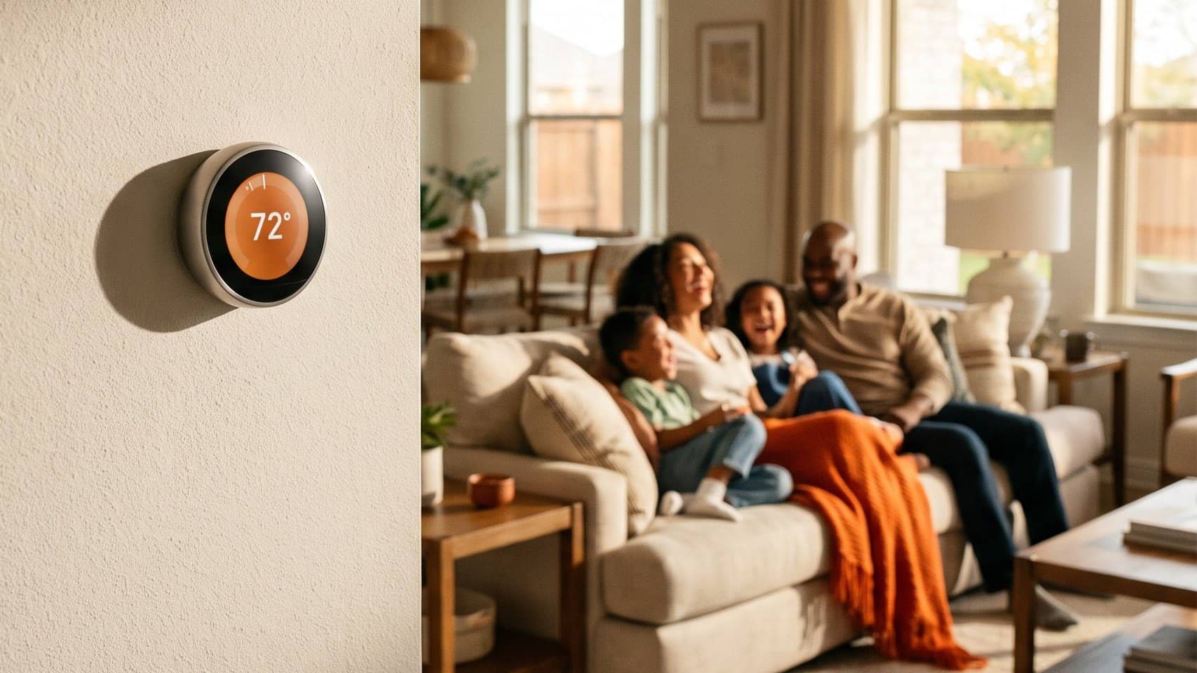 A family laughing together on the couch at home, a thermostat on the wall set to 72 degrees