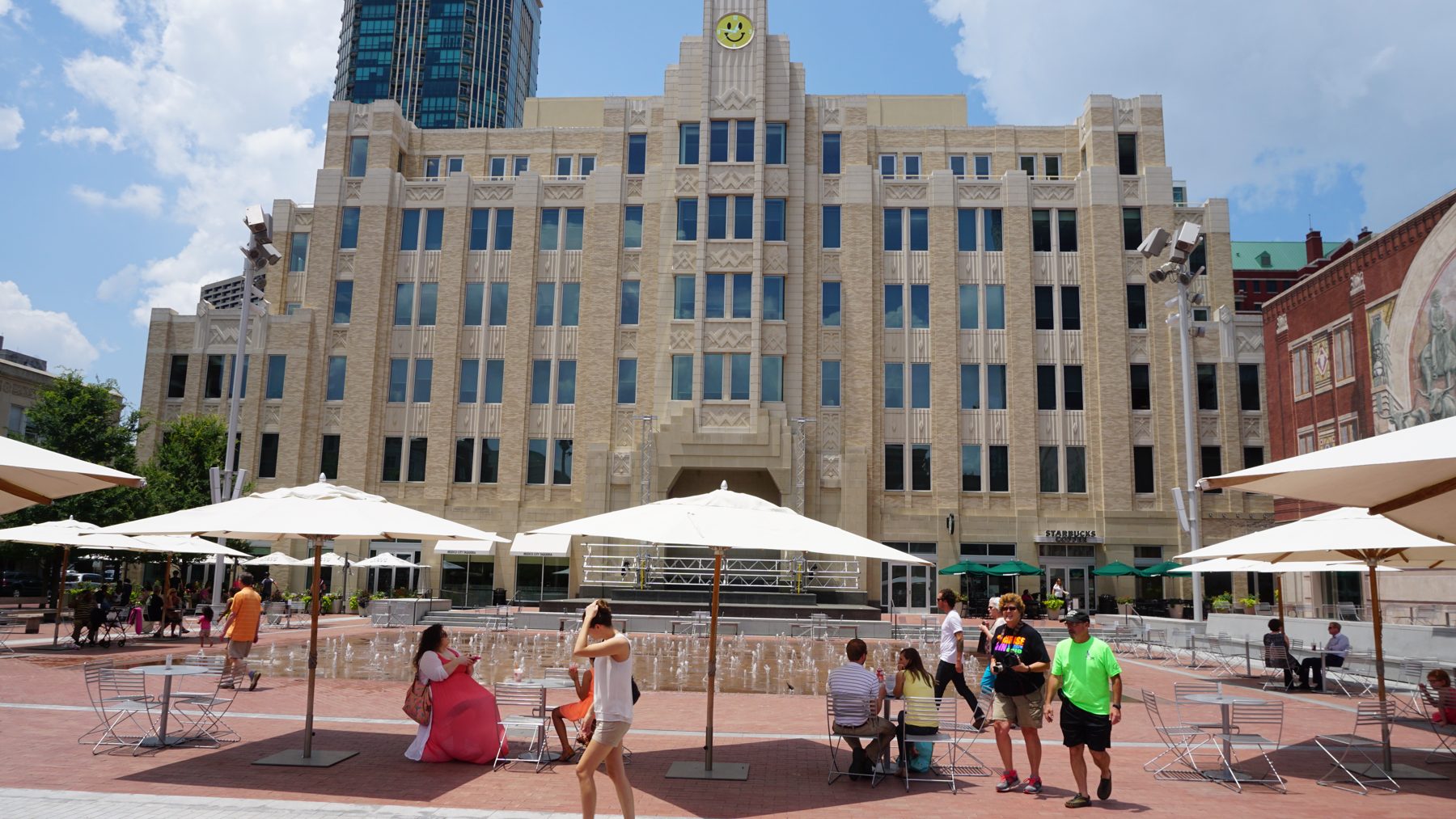 Sundance Square Plaza in downtown Fort Worth on a summer afternoon