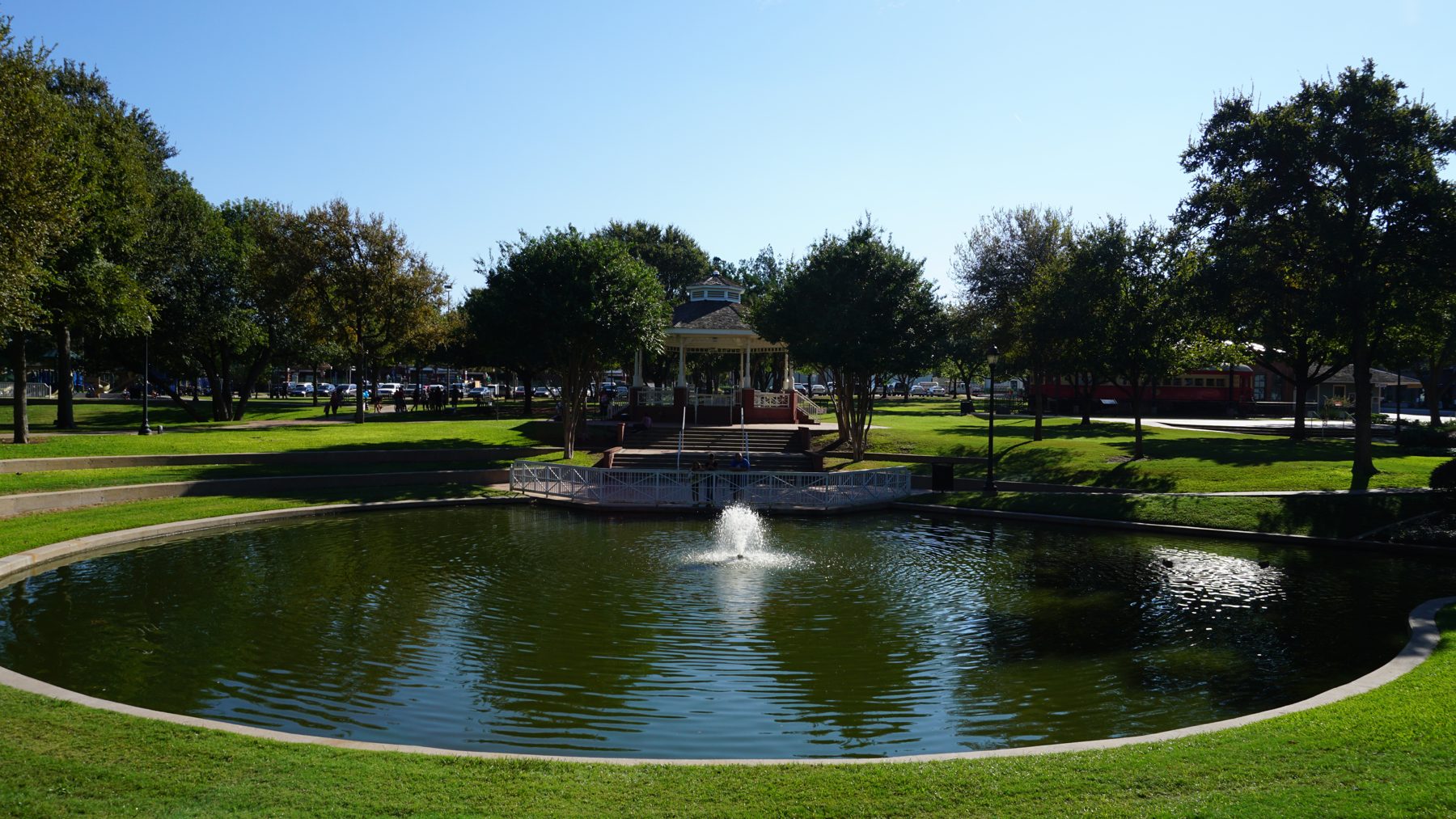 The pond and gazebo at Haggard Park in downtown Plano